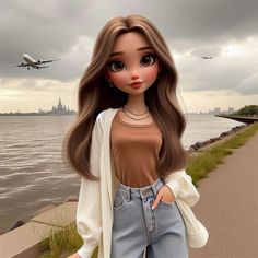 a girl with long hair standing next to a body of water and an airplane in the sky