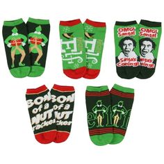 Add festive fun to your wardrobe with this Elf 5-pack ankle sock set featuring Buddy the Elf and some of his catchphrases! Each pair showcases a different design of Buddy in all his holiday cheer, with memorable quotes like "Son of a Nutcracker," "Ooooo He's an Angry Elf," and "Santa's Coming," bringing a playful touch to your holiday attire. Made from a soft, comfortable fabric, these socks are great for mixing and matching to create a distinctive look every day of the week. Whether spreading C Buddy The Elf Family Pyjamas, Buddy The Elf Sweatshirt, Angry Elf, Elf Socks, Disney Christmas Socks, Buddy The Elf Meme, Elf Characters, Holiday Attire, Buddy The Elf