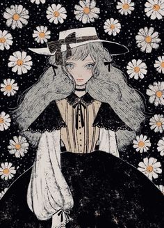 a drawing of a girl in a dress and hat with daisies