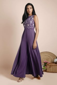 Buy Mehak Murpana Purple Stretch Suiting Embroidered Jumpsuit Online | Aza Fashions Jumpsuits For Women Indian, Iridescent Embroidery, Frock Models, Purple Gown, Stylish Kurtis Design, Embroidered Jumpsuit, Purple Gowns, Simple Kurta Designs