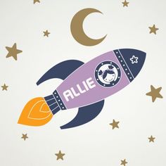 an orange and blue rocket ship with the word zach on it's side