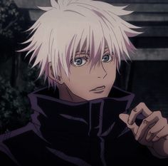 an anime character with white hair and blue eyes