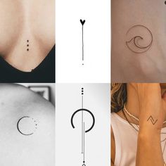 four different tattoos on the back of women's neck and shoulder, all with arrows