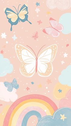 a pink background with butterflies, clouds and rainbows on the bottom right hand corner