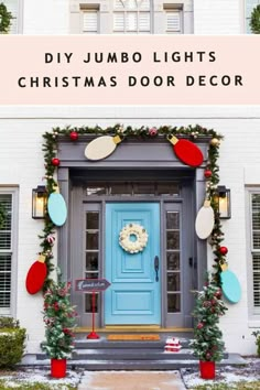 a blue front door decorated with christmas decorations