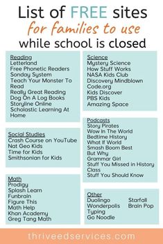 the list of free sites for families to use while school is closed