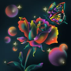 a drawing of a rose with a butterfly on it's wing and bubbles in the air