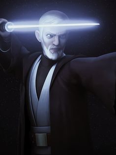 an animated character holding a light saber in his right hand