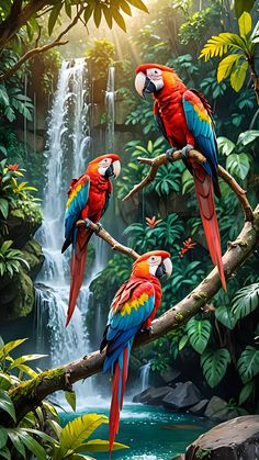 three parrots sitting on a branch in front of a waterfall