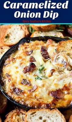 this is an image of caramelized onion dip in a cast iron skillet