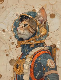 a painting of a cat wearing an astronaut's suit