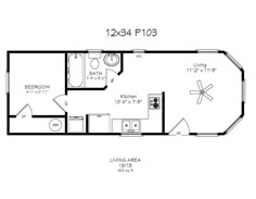 a floor plan for a mobile home with the living area divided into two bedroom and one bathroom