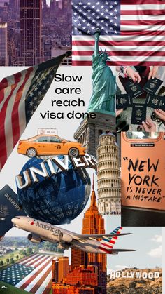 collage of images with the statue of liberty, new york city and american flag