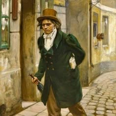 a painting of a man in a green coat and hat walking down a cobblestone street