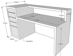 an image of a desk with measurements for the top and bottom section, including two shelves