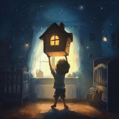 a little boy is holding up a house in the air