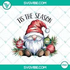 an image of a santa clause with ornaments around it and the words tis the season