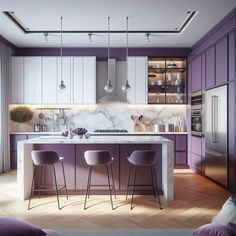 a kitchen with purple cabinets and stools next to an island counter top in the center