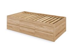 a wooden bed frame with four drawers on the bottom and one drawer at the top