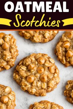 oatmeal cookies on a baking sheet with text overlay