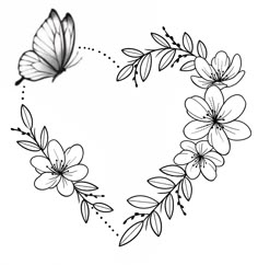 a heart shaped frame with flowers and butterflies on the side, drawn in black ink