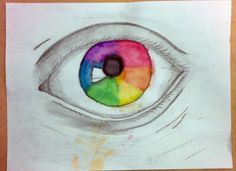 a drawing of an eye with the colors of the rainbow in it's iris