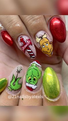 Grinch Christmas Nails, Fancy Nail Art, Painted Nail Art, Gel Nail Design, Winter Nail Designs, Acrylic Nails Coffin, Grinch Christmas