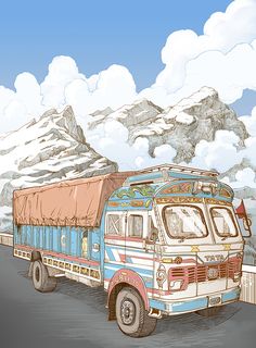 a drawing of a bus with mountains in the background