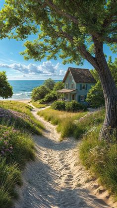 a painting of a house on the beach with trees and flowers in front of it