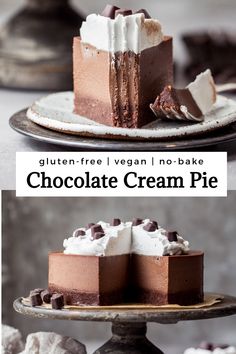 chocolate cream pie with whipped cream on top and the words gluten free vegan no - bake