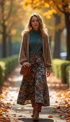 Cozy knit sweater paired with a midi skirt, showcasing effortless femininity in fall outfit. Long Skirt Work Outfit, Irish Outfits Women, Sweater And Skirt Outfit Winter, Maxi Skirt And Sweater Outfit, Pleated Skirt Winter Outfit, Maxi Skirt And Sweater, True Autumn Outfits, Afternoon Tea Outfit, Outfit Ideas Cozy