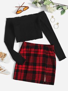 Multicolor Preppy  Long Sleeve Cotton Plaid  Embellished Slight Stretch Spring/Summer Women Co-ords Crop Tops Women Cute Outfits, How To Style Plaid Skirt Outfit, Hem Skirt Outfit, Disney Outfits Women, Rok Outfit, Split Hem Skirt, Cute Dress Outfits, Rock Outfit, Off Shoulder Crop Top