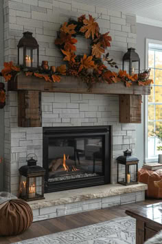 40 Farmhouse Fall Mantel Decor Ideas to Bring Autumn Inside Mantel Farmhouse Decor, Chimney Decor Fall, Rustic Fall Mantel Decor, Mantel Decorating Ideas Fall, Cozy Fall Mantle Decor, Fall Stone Fireplace Decor, Fall Corner Fireplace Decor, Autumn Fireplace, Fall Decor Fireplace