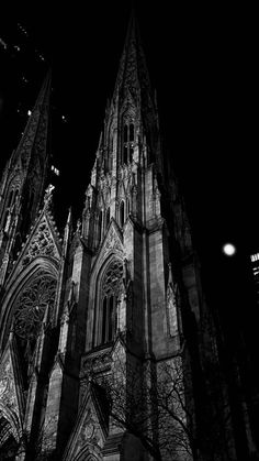 an old cathedral lit up at night in black and white