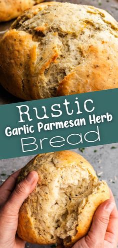 A top image of a close up of a golden perfectly baked loaf of rustic garlic parmesan herb bread, and a bottom image of a loaf of rustic garlic parmesan herb bread being ripped in half by two hands. Tasty Bread Recipe, Herb Bread, Homemade Bread Recipes Easy, Artisan Bread Recipes, Dutch Oven Recipes, Bread Machine Recipes, Easy Bread Recipes, Easy Bread, Sourdough Recipes