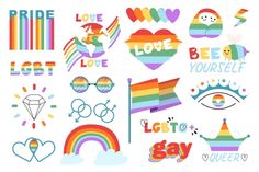 the pride stickers are all different colors and shapes, including hearts, rainbows, glasses