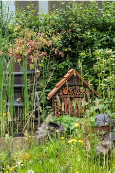 a birdhouse in the middle of some tall grass and plants with flowers around it