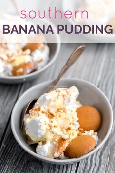 two bowls filled with banana pudding on top of a wooden table