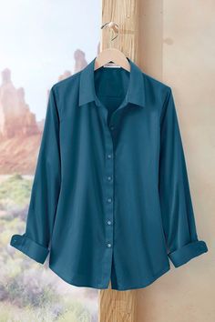 This button-down no-iron shirt is our bestselling favorite in wrinkle-free cotton, perfectly versatile for tucking, layering or wearing solo. Reinforced placket, curved hem. Imported. | Women's Long-Sleeve No-Iron Shirt Top - Navy - 12 Coldwater Creek Outfits, Three Quarter Sleeve Shirt, Tailoring Details, Cotton Tunic Tops, Womens Knit Tops, Iron Shirt, Petrol Blue, Coldwater Creek, Petite Size