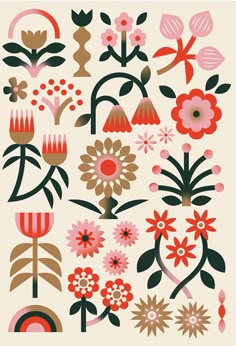 an art print with flowers and plants in red, pink, brown and green colors