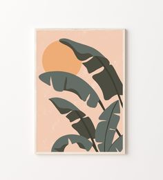 an abstract painting with palm leaves against a peach background