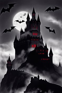 a castle with bats flying over it at night