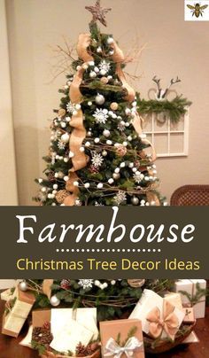 Diy Christmas Farmhouse Decorations, Country Farmhouse Christmas Trees, Farmhouse Decor Christmas Tree, Country Decorated Christmas Trees, Farmhouse Christmas Tree Garland, Farmhouse Chic Christmas Tree, Modern Farmhouse Christmas Trees, Country Farmhouse Christmas Tree Decor, Christmas Tree Base Ideas Diy Farmhouse