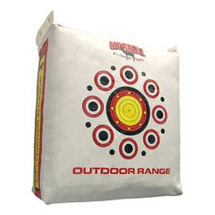 an outdoor range bag is shown on a white background with red, yellow and black circles