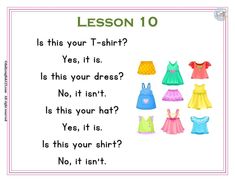 children's clothing with the text lesson 10 is this your t - shirt? yes, it is