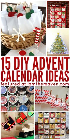 a collage of pictures with the words 15 diy advent calendar ideas