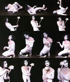 multiple images of the same person in white clothing and makeup, with different poses on each side