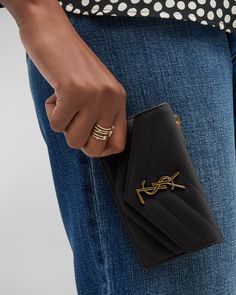 Saint Laurent YSL Monogram Ziptop Flap Card Case in Grained Leather Ysl Envelope, Saint Laurent Handbags, Ysl Logo, Grey Bag, Envelope Wallet, Monogrammed Items, Saint Laurent Bag, Card Case, Leather Handbags