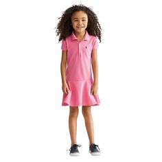 Ralph Lauren Childrenswear polo dress with signature pony embroidery at chest. Spread collar; four-button front. Short sleeves. Ribbed trim. Dropped waist. Fit-and-flare silhouette. Slipover style. Cotton/spandex. Machine wash. Imported. Pencil Dress Kids, Baby Pink Dresses, Americana Fashion, Ralph Lauren Kids, Ralph Lauren Outfits, Ralph Lauren Dress, Tennis Dress, Polo Dress, Drop Waist