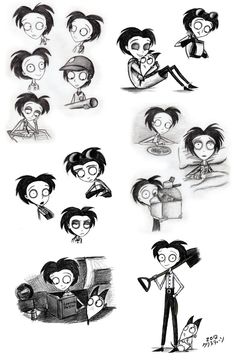 some drawings of people with different expressions and hair styles, all in black and white